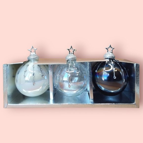 34th & Pine Iridescent Glass Ornament Jeweled Glitter White Clear Black 3pc NIB - Picture 11 of 13